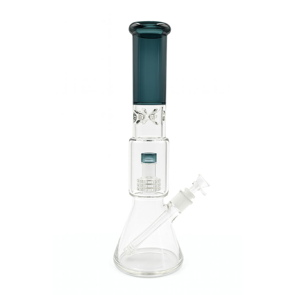 Arctic Cyclone teal beaker bong with matrix perc and ice pinch
