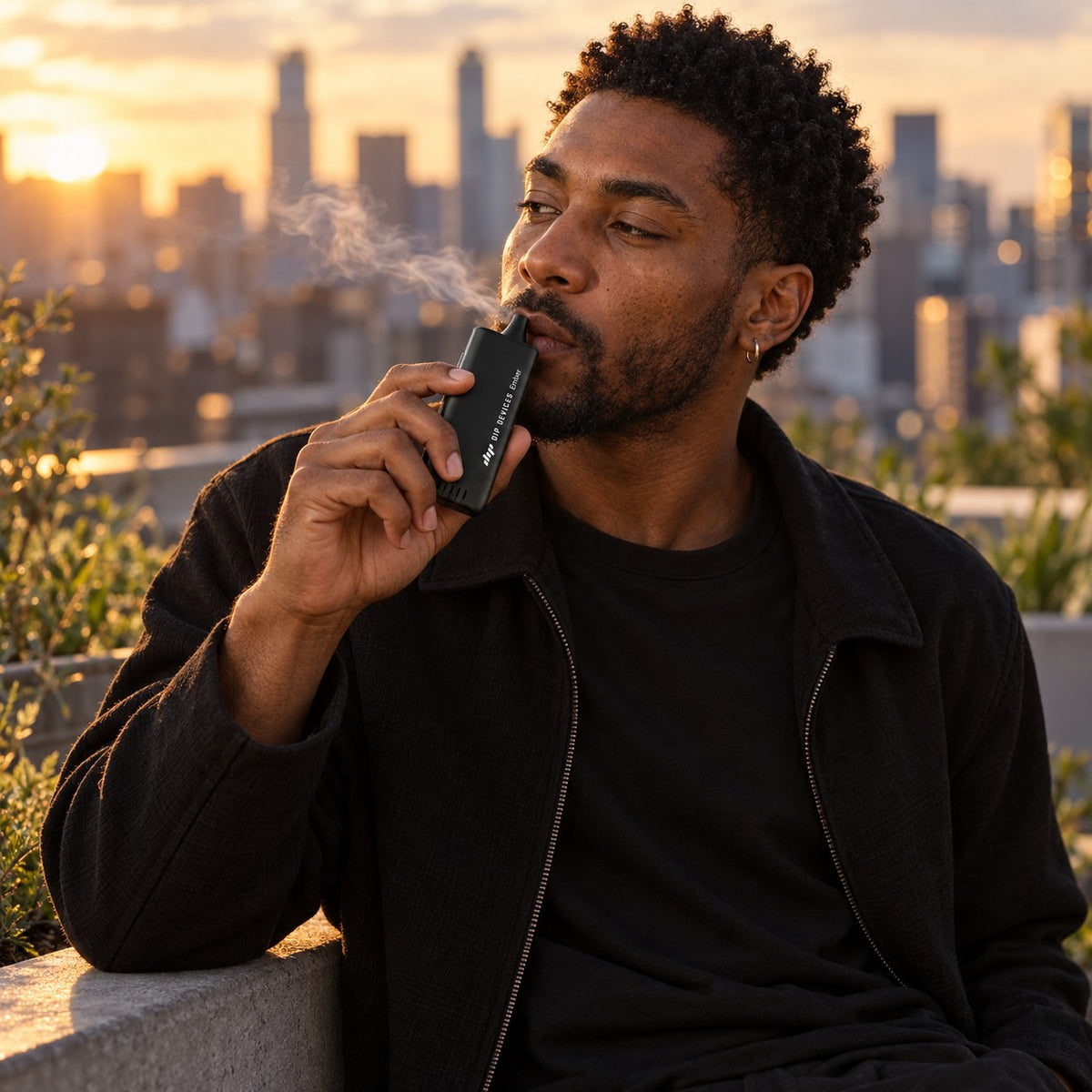 Ember electric pipe in use outdoors on a rooftop at sunset — flameless ignition that wind cannot blow out