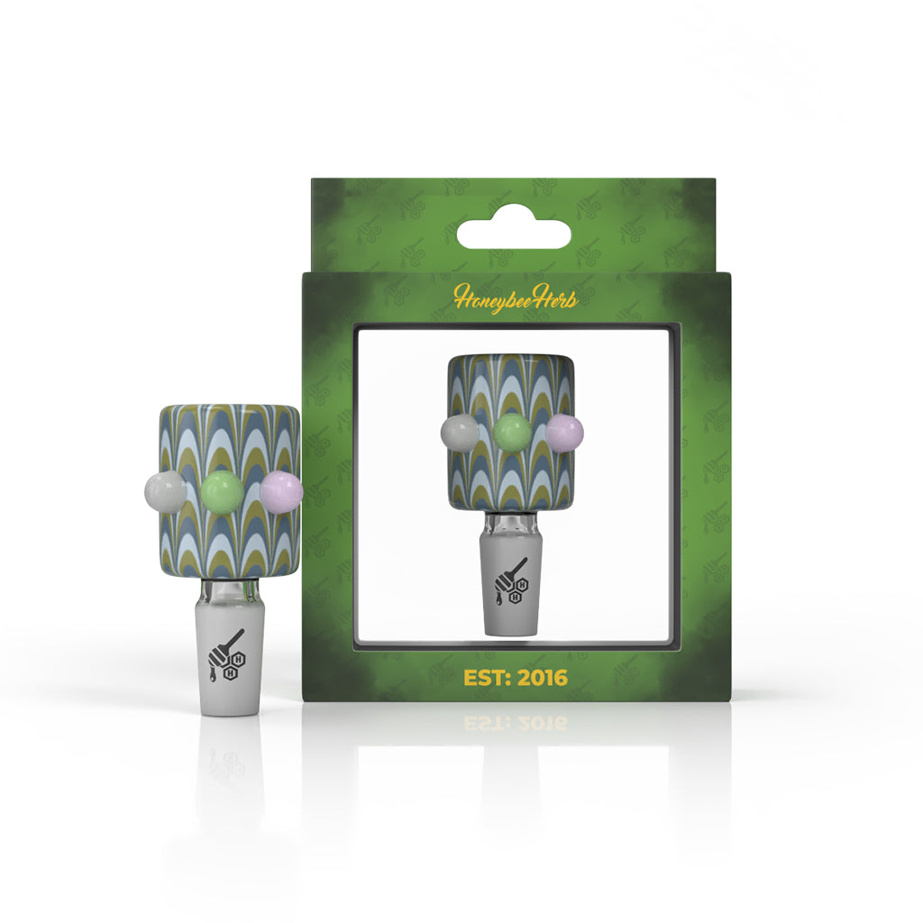 Green and blue ribbon looped glass bong flower bowl in packaging