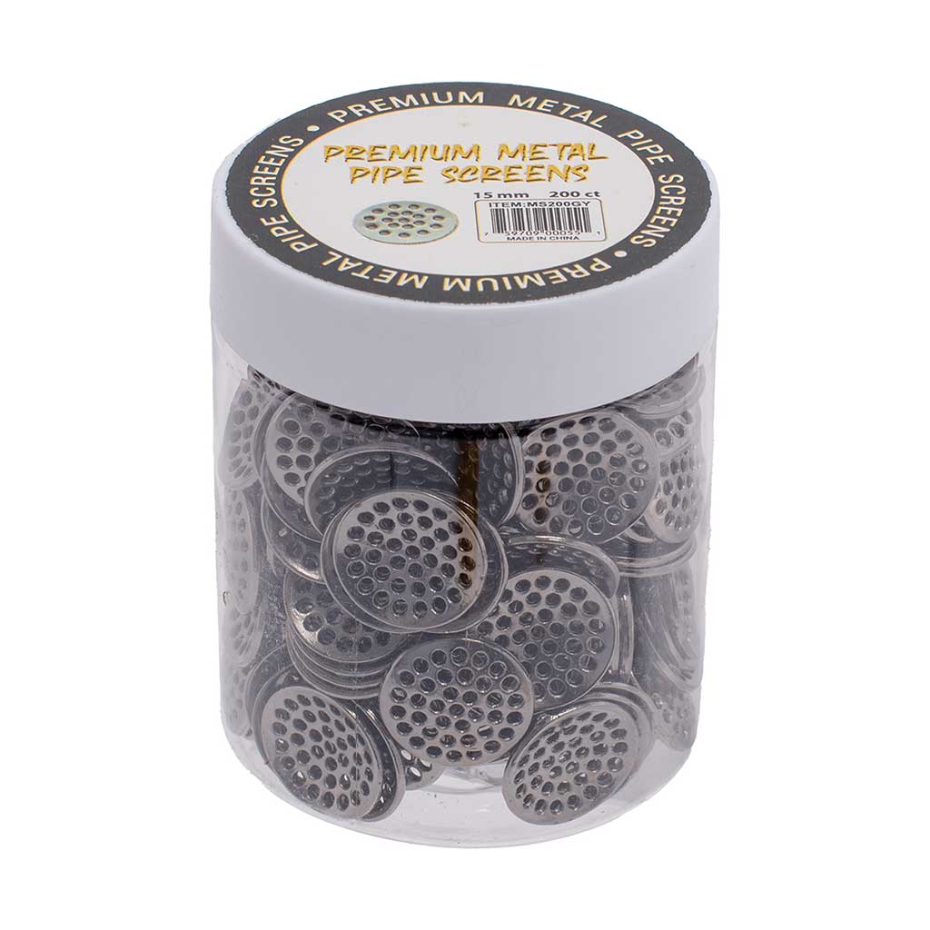 200-count grey metal pipe screens in a storage jar