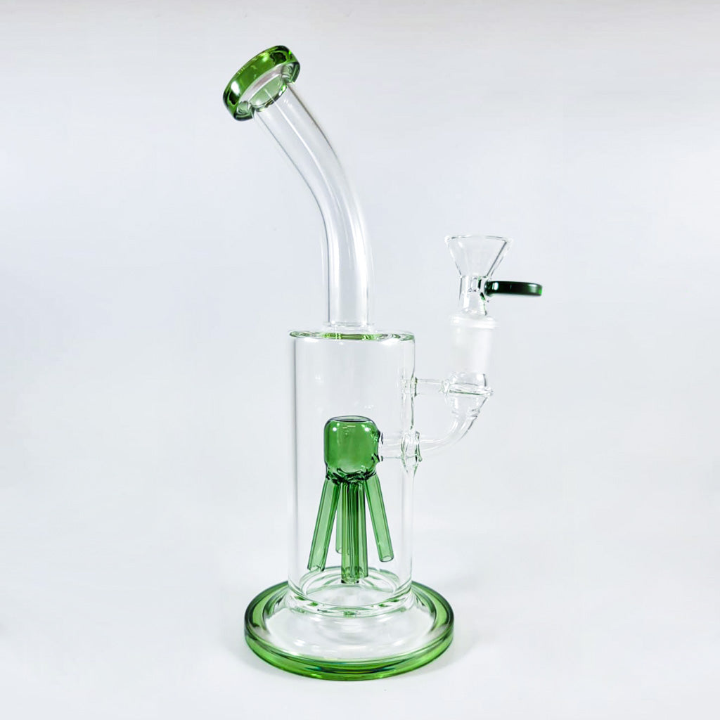 Green glass triple-legged perc dab rig with 14mm joint