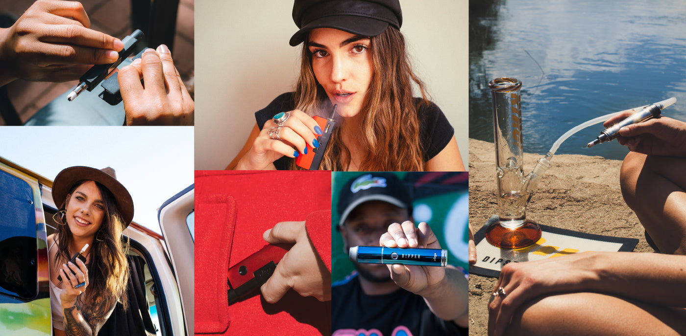 Photo collage with EVRI dab pen and honey straw attachment, as well as 510 vape cart accessory and Dipper vape pen.