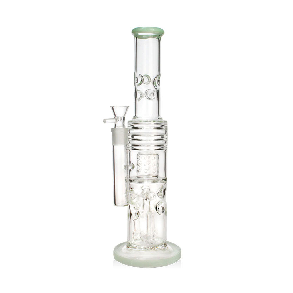 Green Hittn triple matrix perc honeycomb straight-tube bong, side view