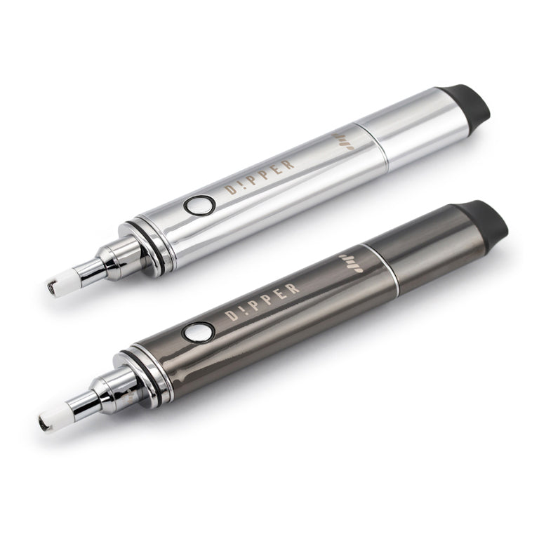 Two sleek electric dab pens, labeled as Dipper dab pens, featuring a metallic silver and gunmetal gray finish. These dual-function devices act as both electric dab straws and dab pens, designed for convenient wax concentrate consumption.