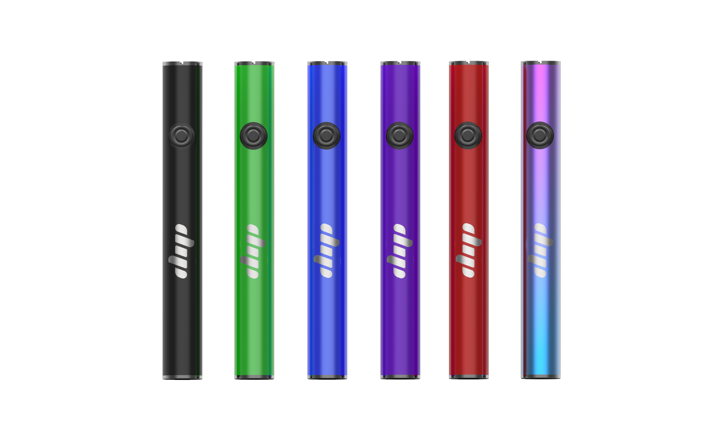 A selection of Dip Devices 650 mAh vape batteries in various colors, featuring three power settings and microUSB charging, designed for compatibility with standard cartridges.
