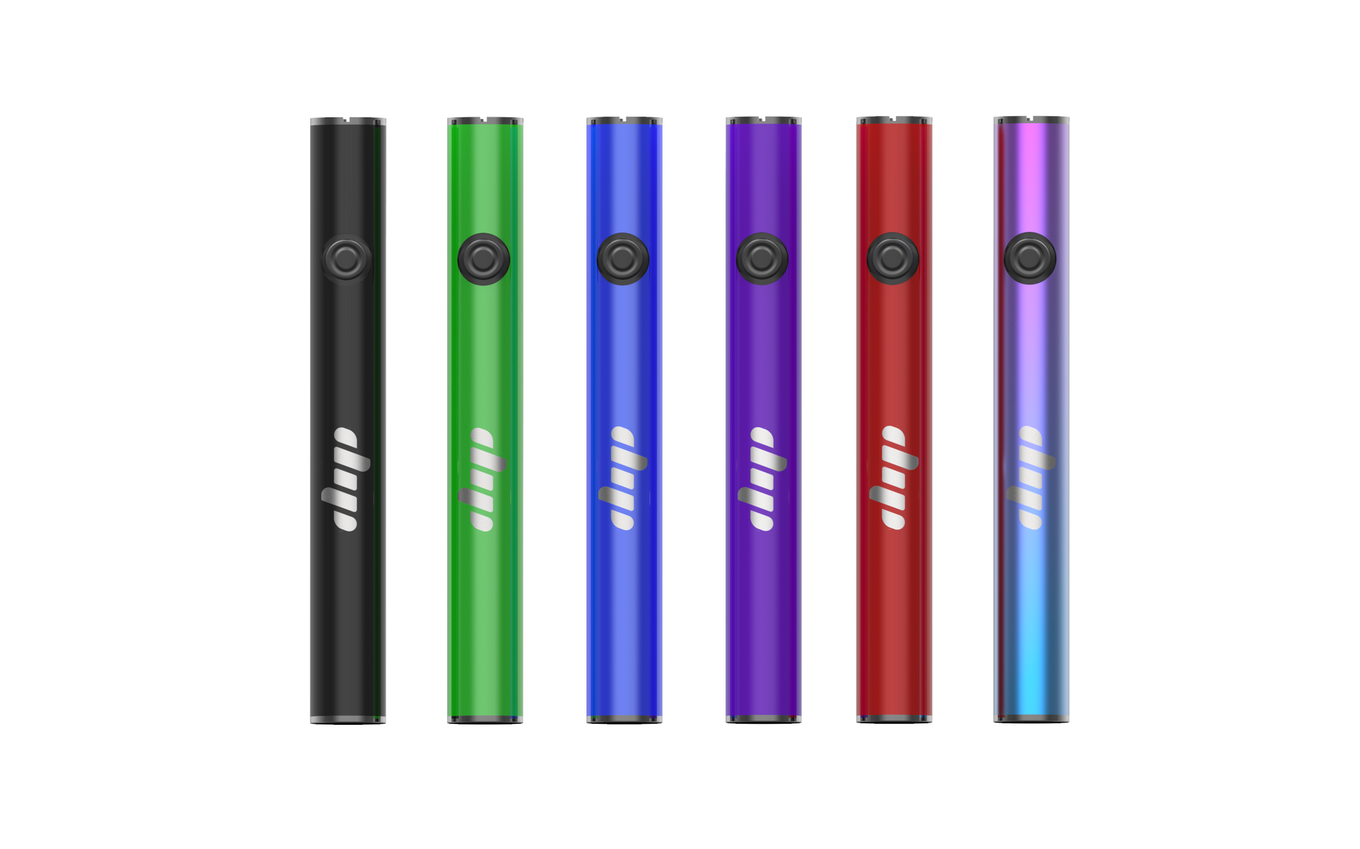 A selection of Dip Devices 650 mAh vape batteries in various colors, featuring three power settings and microUSB charging, designed for compatibility with standard cartridges.