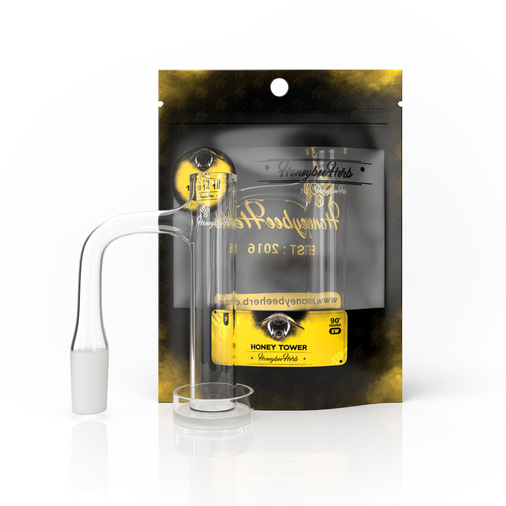 Honeybee Herb Honey Tower 90-degree quartz banger Black Line packaging
