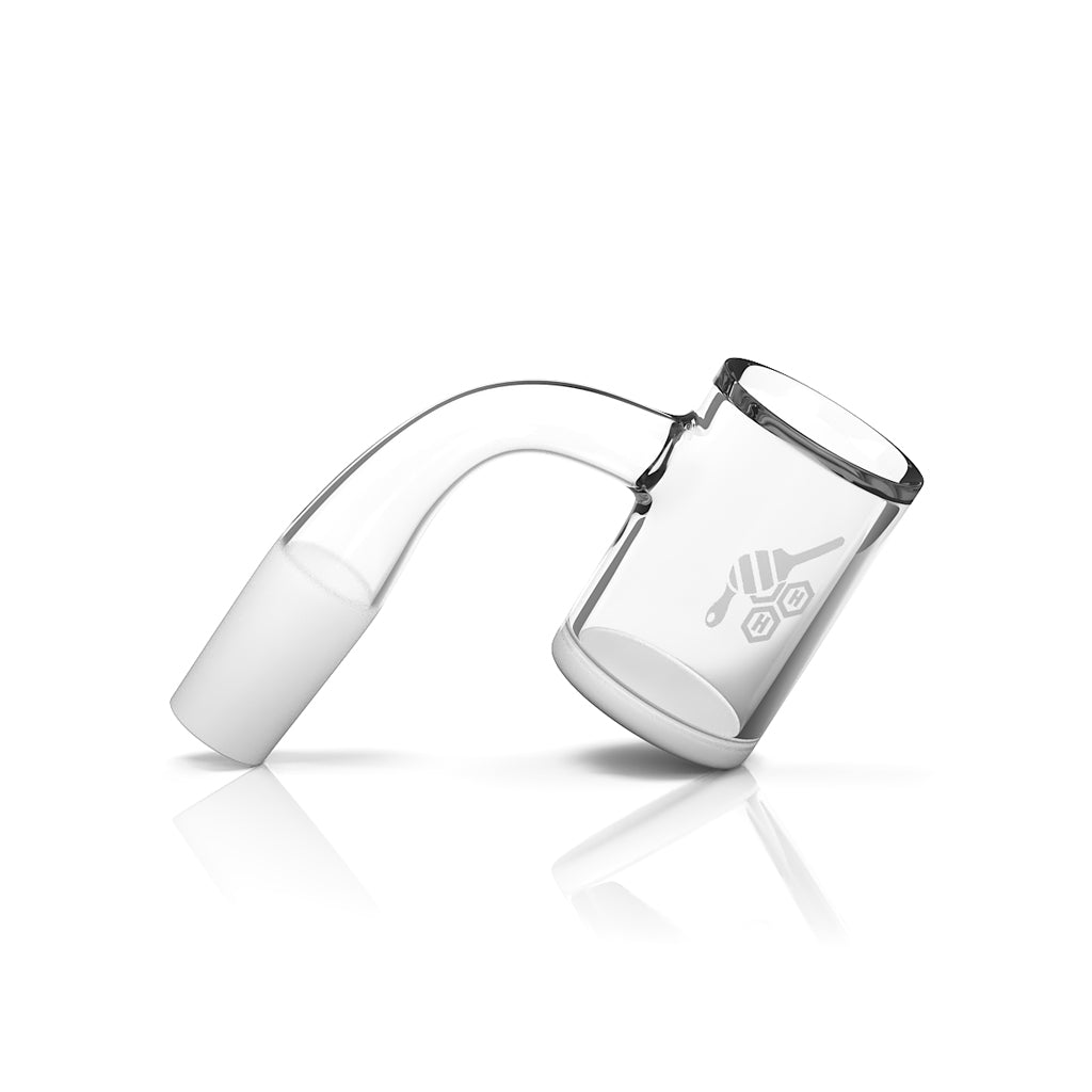 Honeybee Herb Honey & Milk bevel quartz banger, 90 degree, yellow line with male and female joints