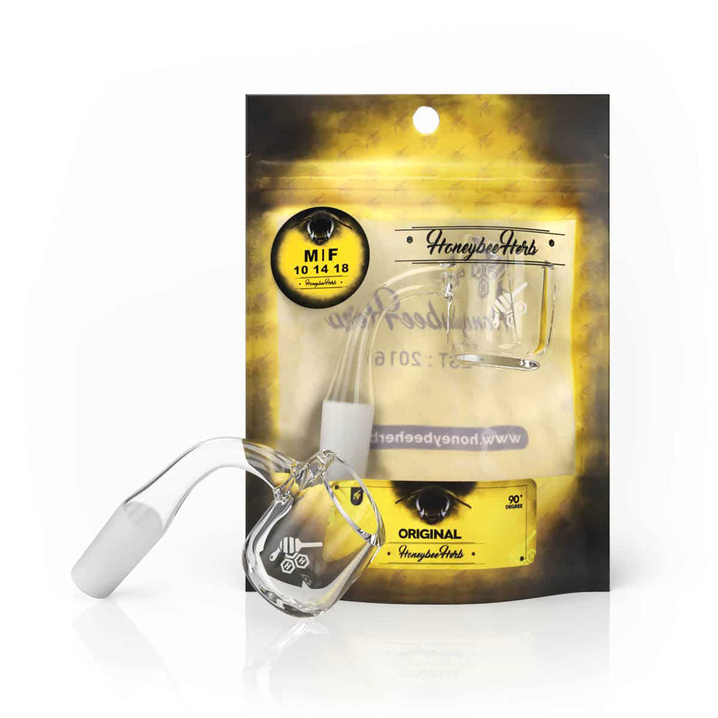 Honeybee Herb Original 90 degree quartz banger with branded packaging