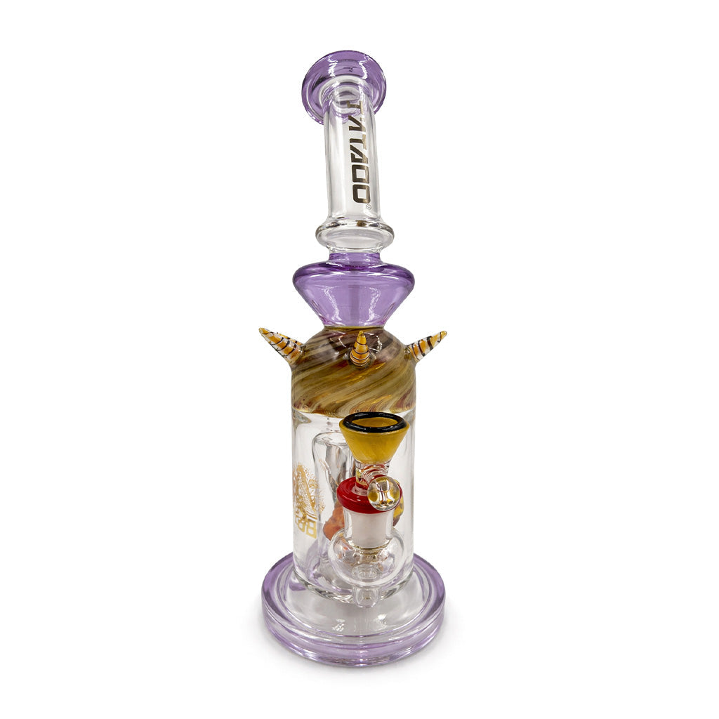 BIIGO by Lookah 12-inch spectacle perc dab rig, close-up of purple and pink glass
