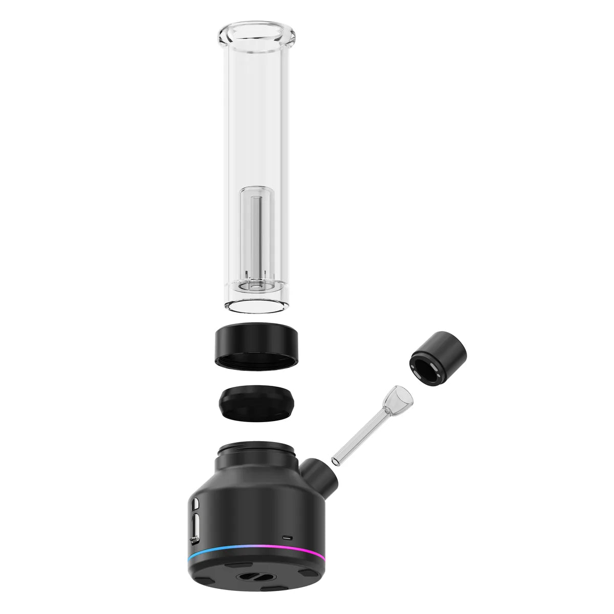 Nova electric bong exploded view — glass tube, percolator, silicone seal, and electric combustion base with LED status ring