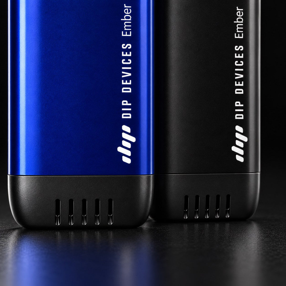 Close view of the Ember electric pipe base and airflow vents in black and blue