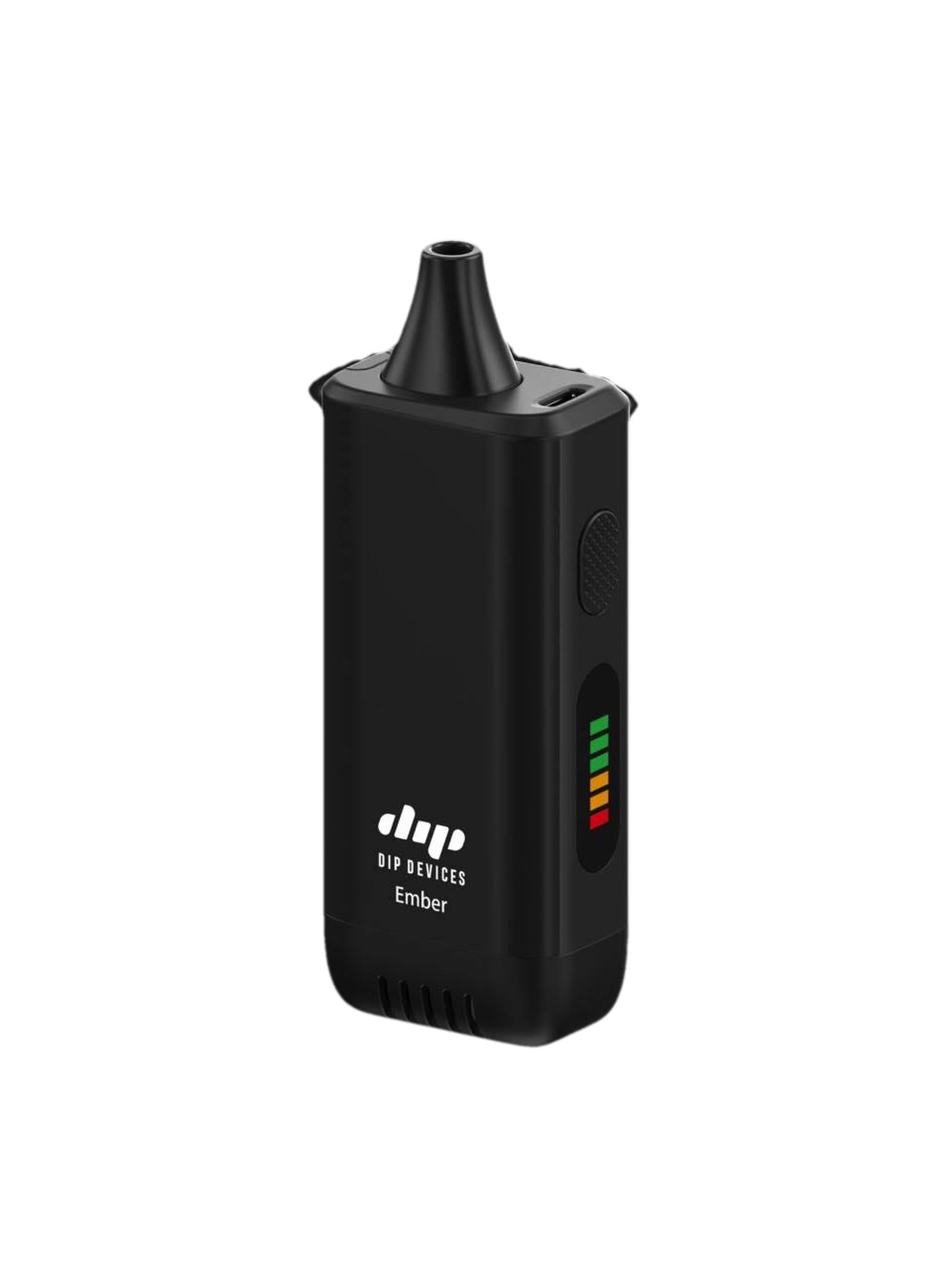 Ember handheld electric pipe in black, three-quarter view showing the USB-C charging port, ignition button and five-bar battery indicator