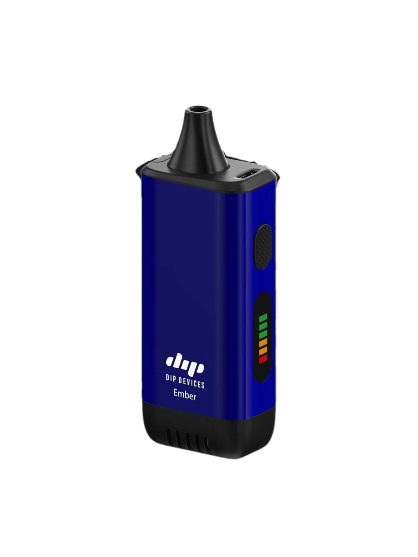 Ember handheld electric pipe in blue, three-quarter view showing the USB-C charging port and five-bar battery level indicator