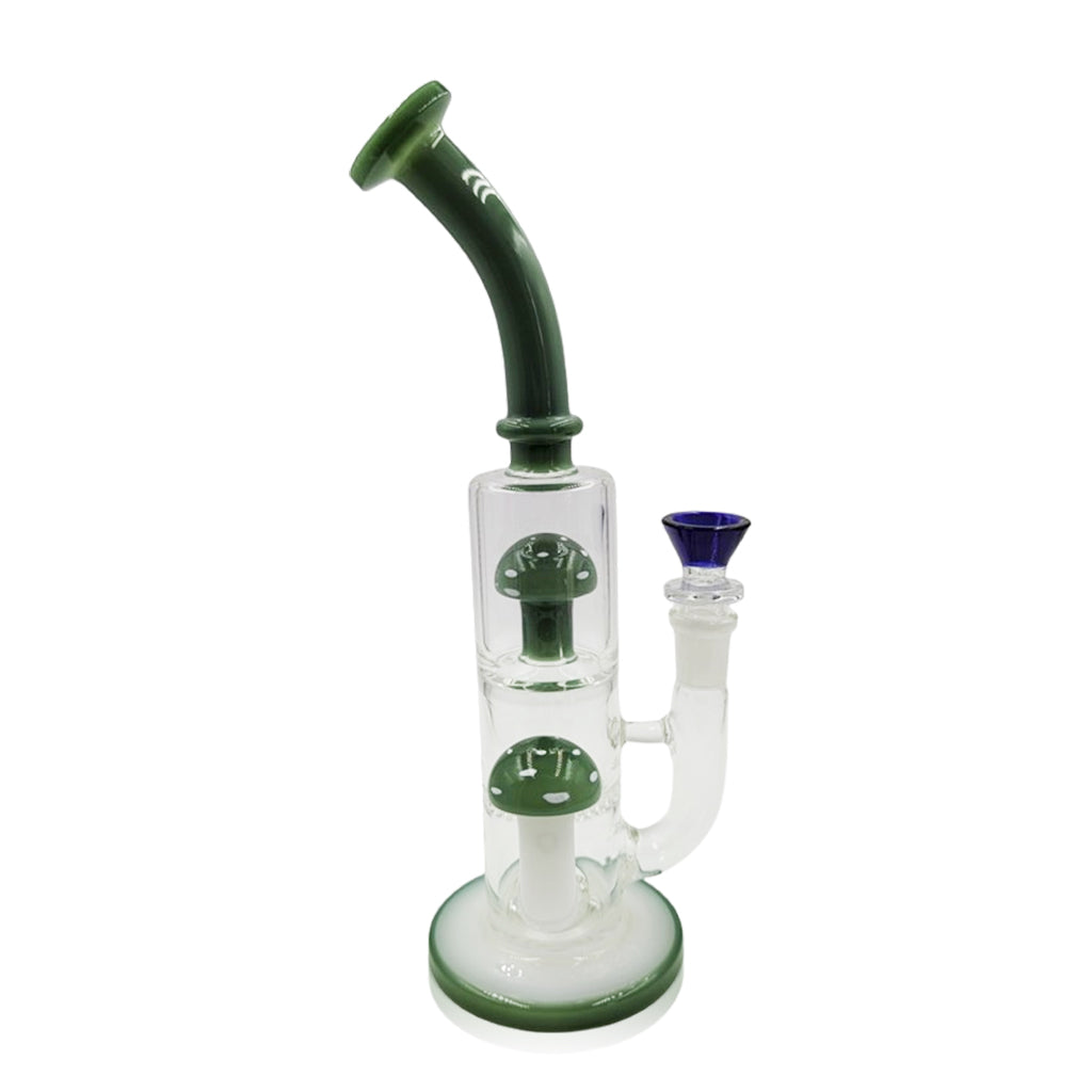 Green Flower Mushroom Honeycomb Disc Perc dab rig in emerald glass, front view