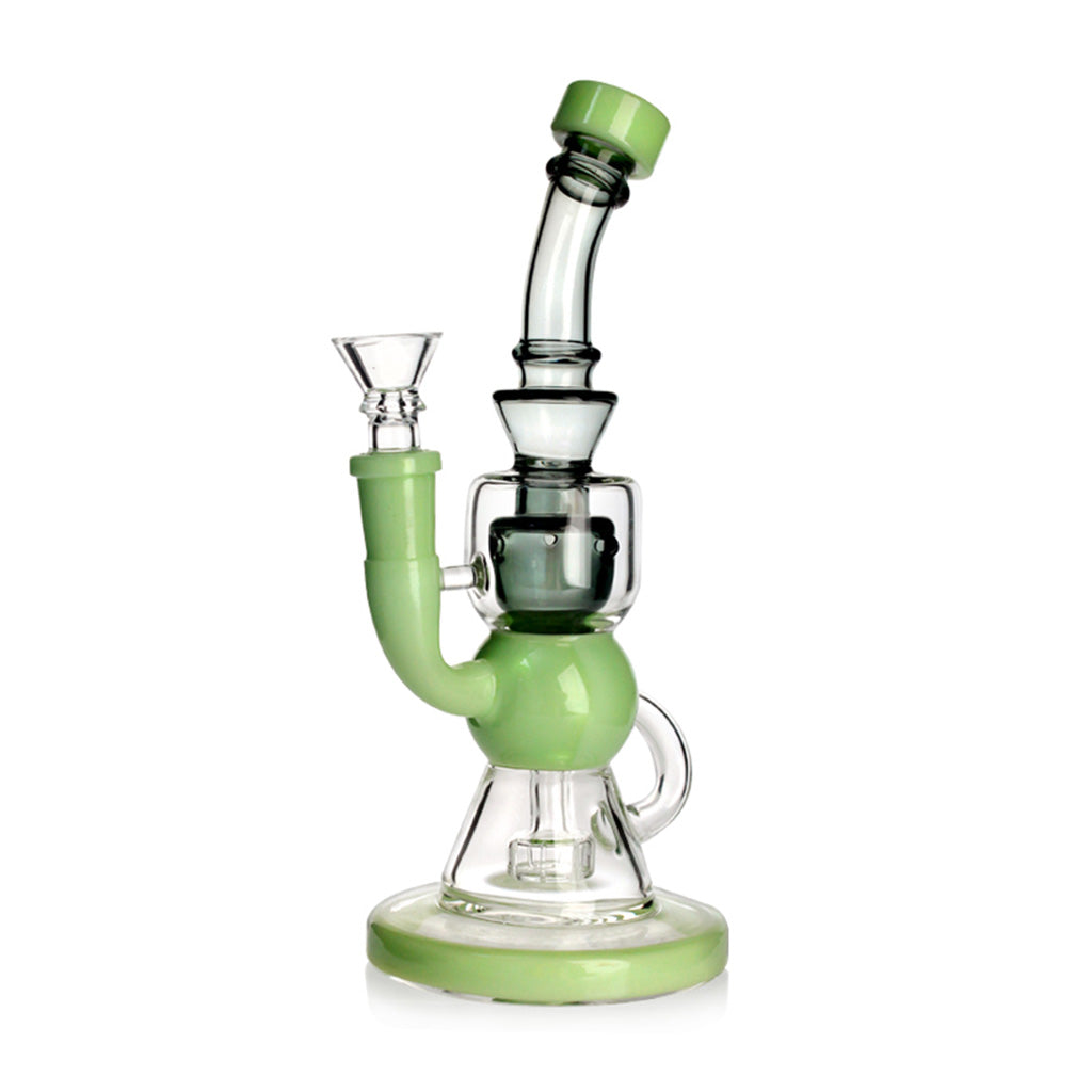 Green Flower Fab Klein recycler glass dab rig, joint close-up