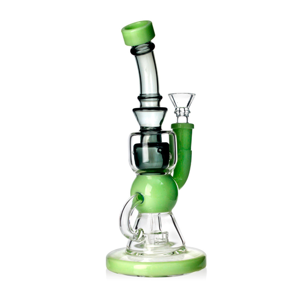 Green Flower Fab Klein recycler glass dab rig, mouthpiece close-up
