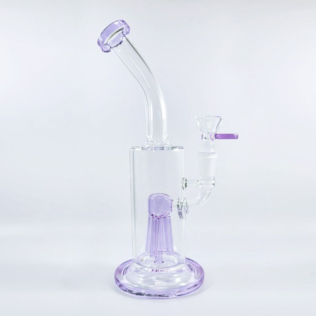 Purple glass triple-legged perc dab rig, side view