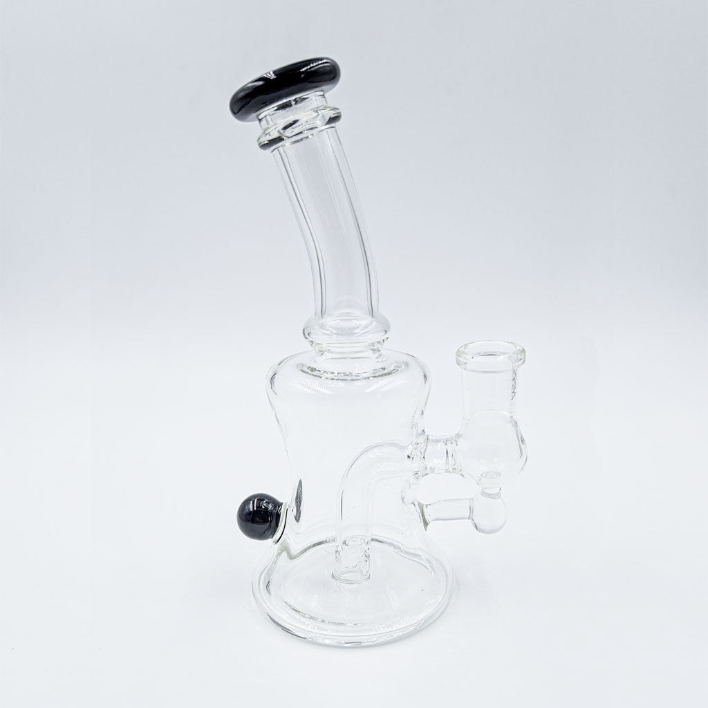 Black inline perc glass dab rig with 14mm joint, 6 inch compact size