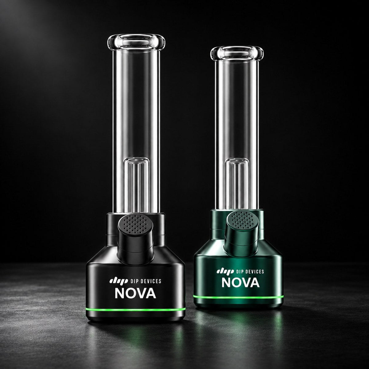 Nova electric bong in black and green side by side on a dark studio background, both LED status rings lit