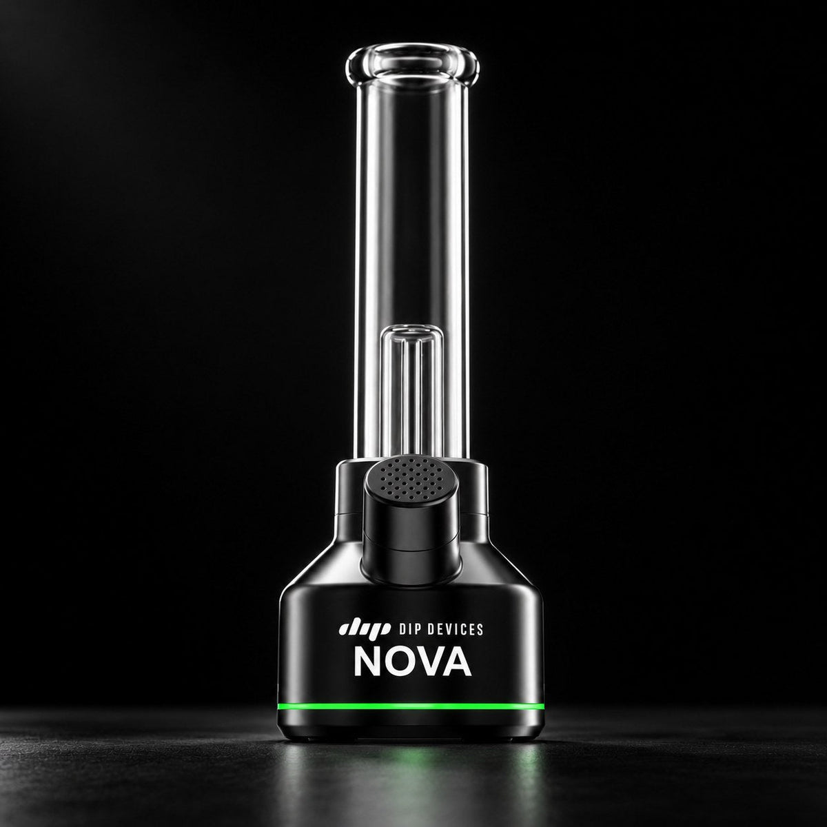 Nova electric bong in black on a dark studio background — powered base, removable 50 mm glass tube and percolator