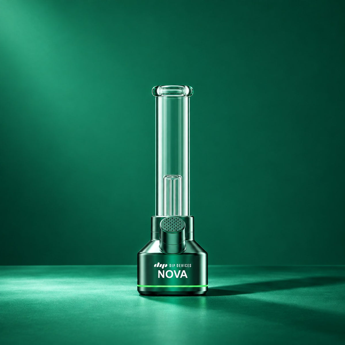 Nova electric bong in green, studio lit, showing the anodized base and removable glass tube