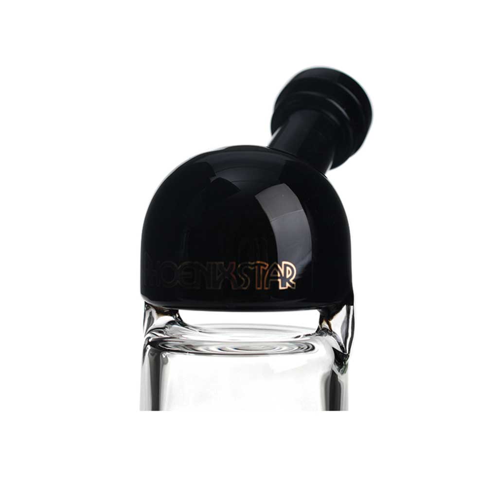 Close-up of the mouthpiece on the black Phoenix Star 8-inch honeycomb perc dab rig