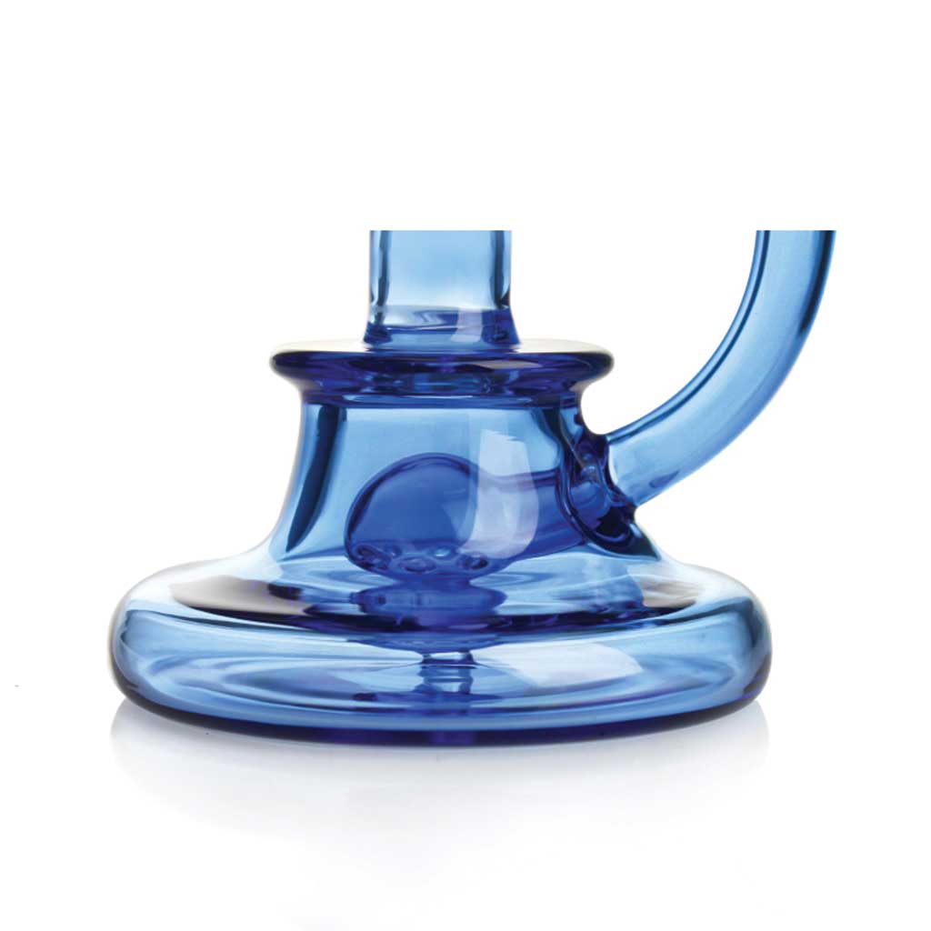 Close-up of the base on the blue Phoenix Star 8-inch controlled airflow bubbler dab rig