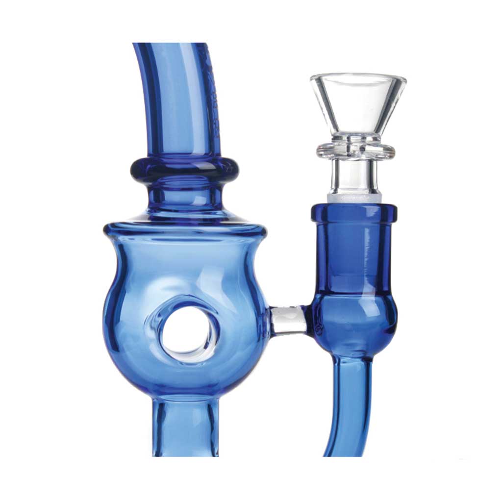 Close-up of the banger joint on the blue Phoenix Star 8-inch controlled airflow bubbler dab rig