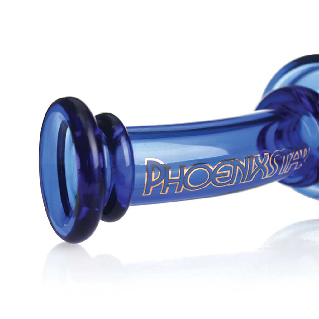 Close-up of the mouthpiece on the blue Phoenix Star 8-inch controlled airflow bubbler dab rig