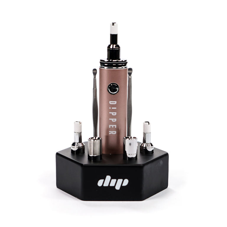 USB Dipper wax pen charging station with vape tip and quartz atomizer bowl docking positions