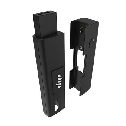 EVRI by Dip Devices, a versatile battery with a magnetic connection, shown with a 510/Pod attachment for use with standard 510 cartridges and refillable e-juice pods. Attachments are replaceable every 6-8 weeks for optimal performance.