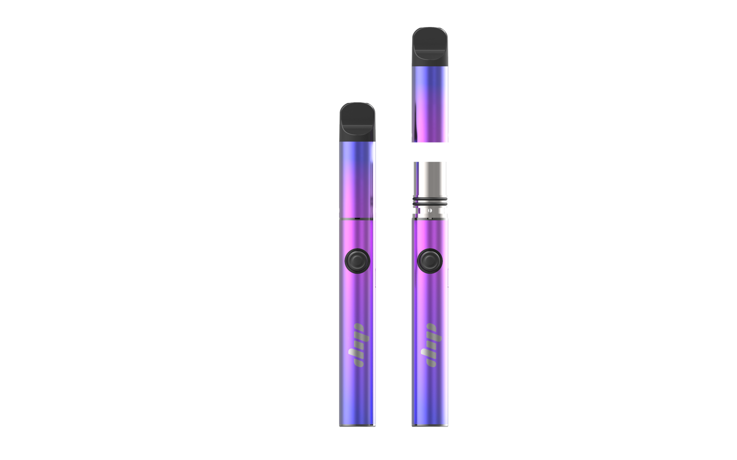 Cosmic metallic pink and purple vape pen with refillable reservoir for wax, resin, and rosin.